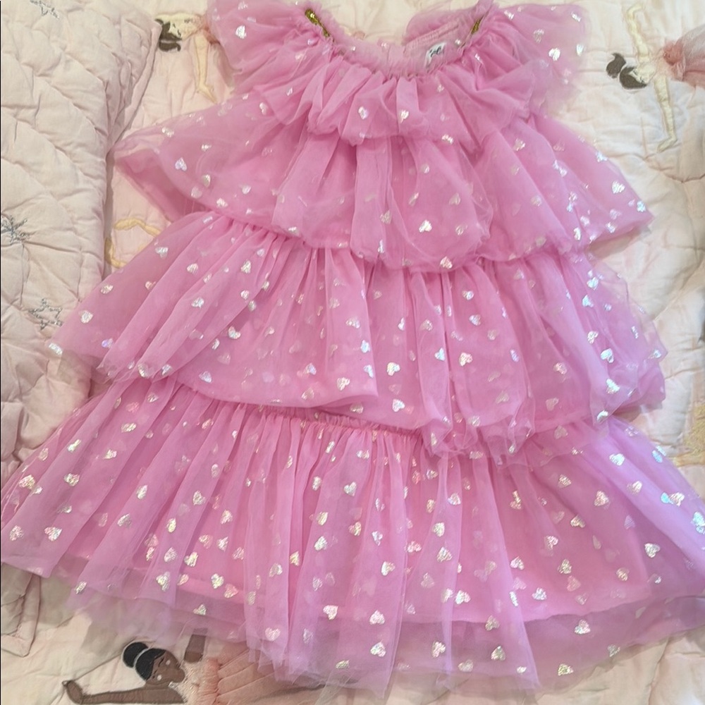 Lola + The Boys Pink Dress with silver hearts and Gold Trim